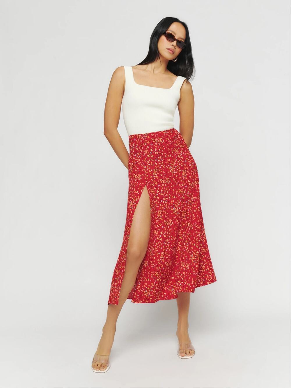 Reformation Zoe Red Floral Print Midi Skirt Slit Size 4 Cottagecore Coquette